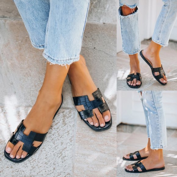 NEW Ccocci Croc Embossed Vegan Leather H Band Slide Slip On Comfy Sandals Black - Picture 4 of 11